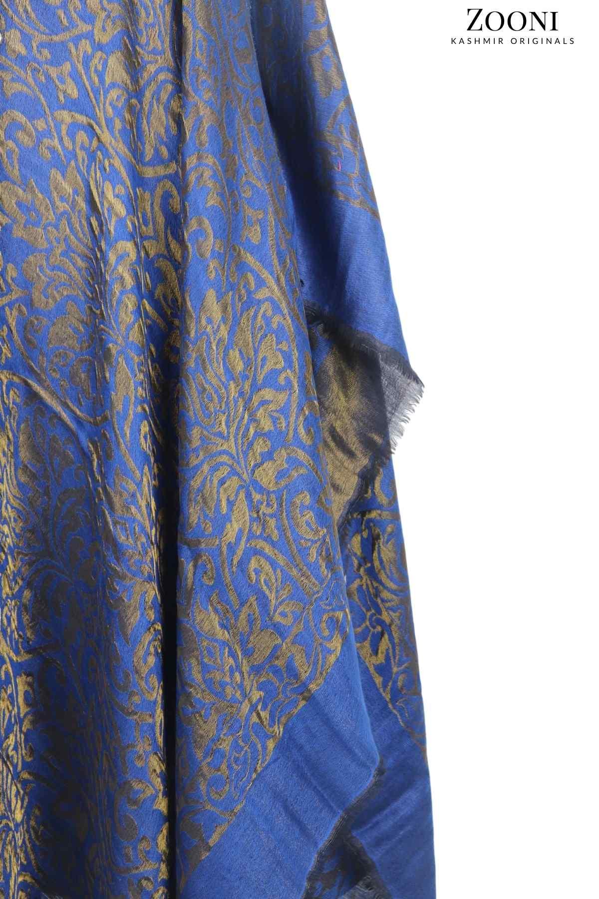 Superfine Cashmere Self Jacquard Moonlight Shimmer Shawl - Royal Blue - Zooni | Kashmir Originals