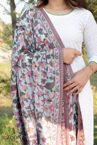 Superfine Pure Merino Kaani Jaamawar Shawl - Budding Blue - Zooni | Kashmir Originals Superfine Pure Merino Kaani Jaamawar Shawl - Budding Blue - Zooni | Kashmir Originals