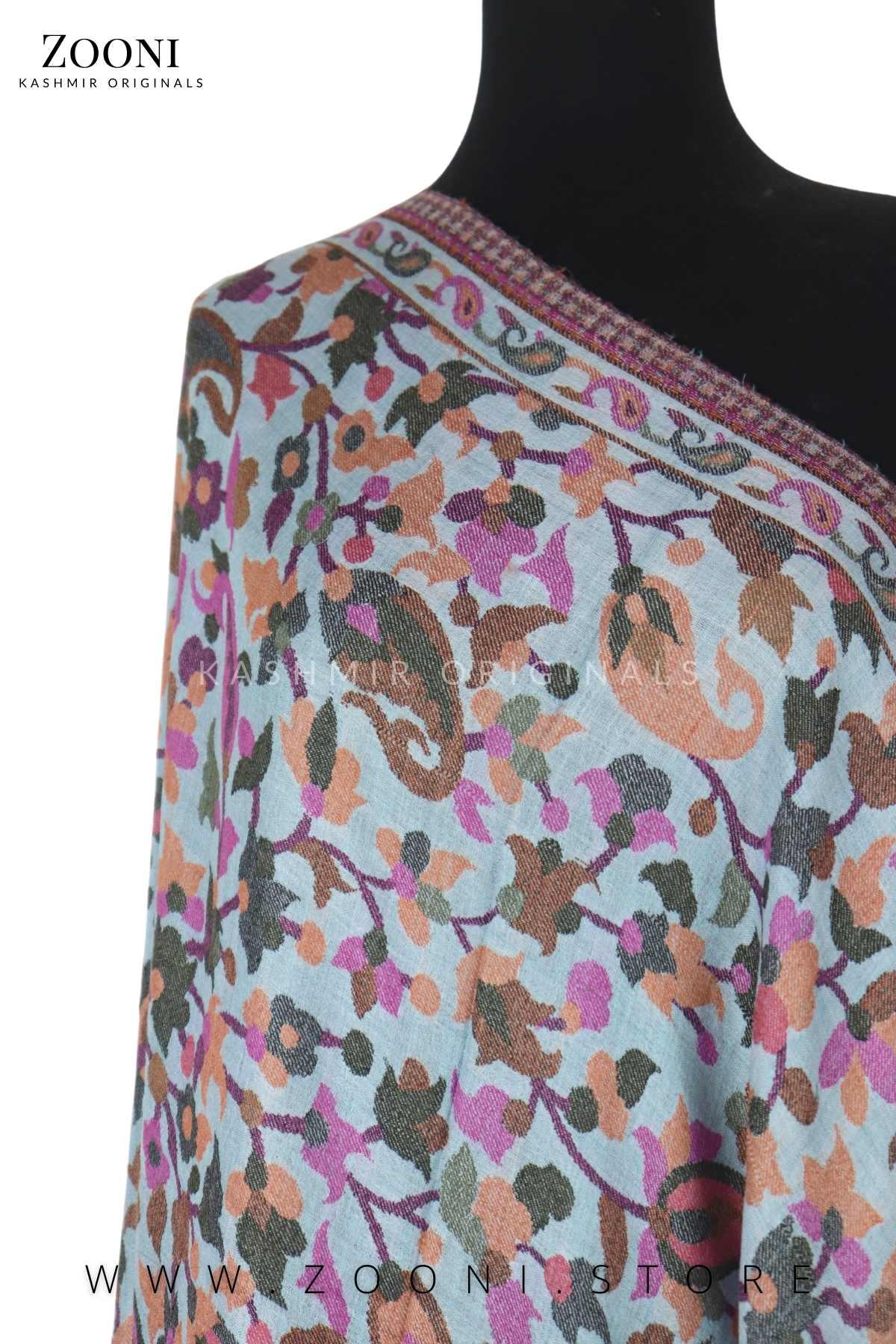 Superfine Pure Merino Kaani Jaamawar Shawl - Budding Blue - Zooni | Kashmir Originals