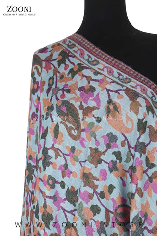 Superfine Pure Merino Kaani Jaamawar Shawl - Budding Blue - Zooni | Kashmir Originals Superfine Pure Merino Kaani Jaamawar Shawl - Budding Blue - Zooni | Kashmir Originals