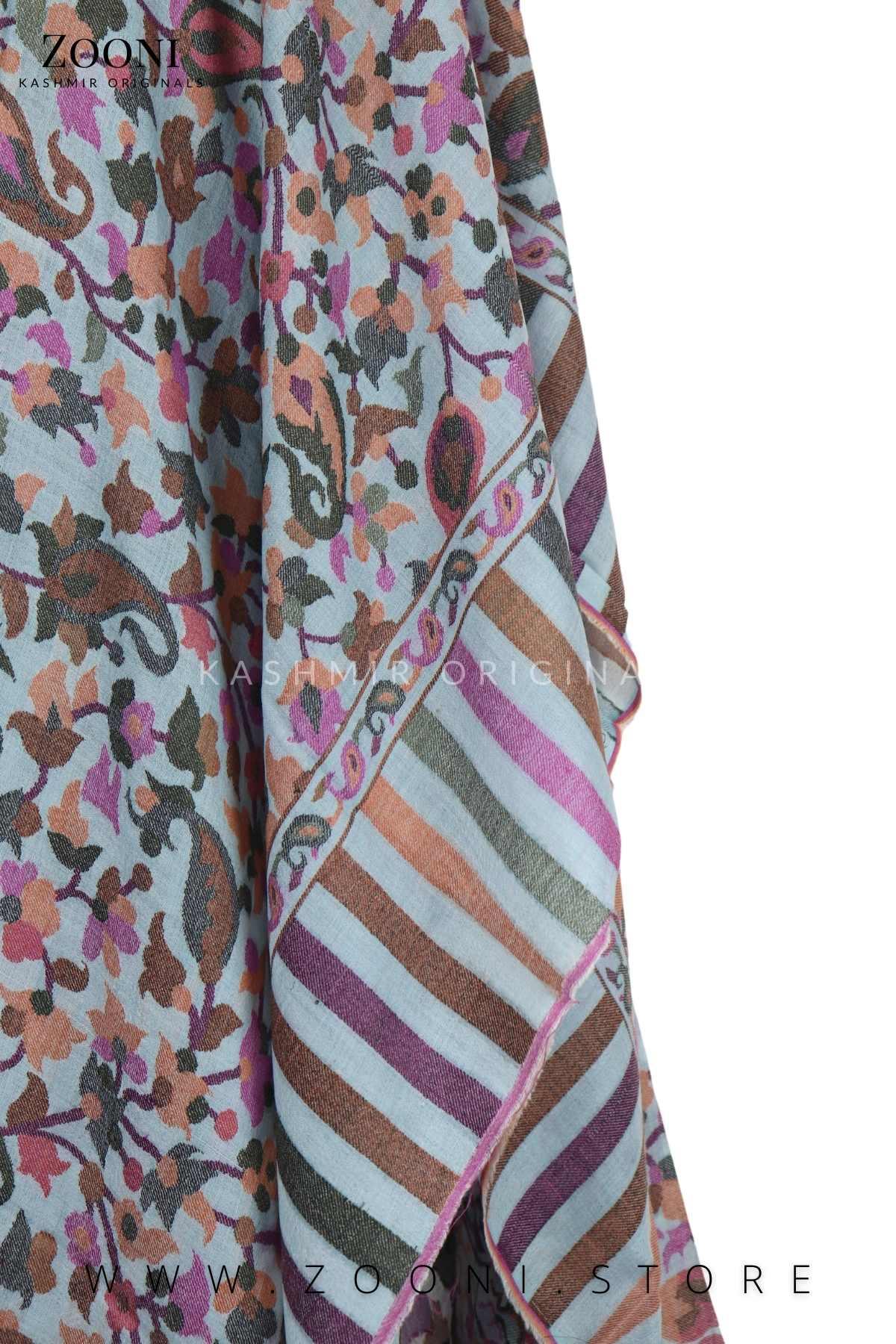 Superfine Pure Merino Kaani Jaamawar Shawl - Budding Blue - Zooni | Kashmir Originals