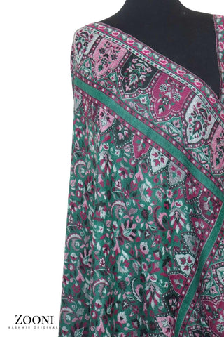 Superfine Pure Merino Kaani Jaamawar Shawl - Casal Green Paisleys - Zooni | Kashmir Originals Superfine Pure Merino Kaani Jaamawar Shawl - Casal Green Paisleys - Zooni | Kashmir Originals