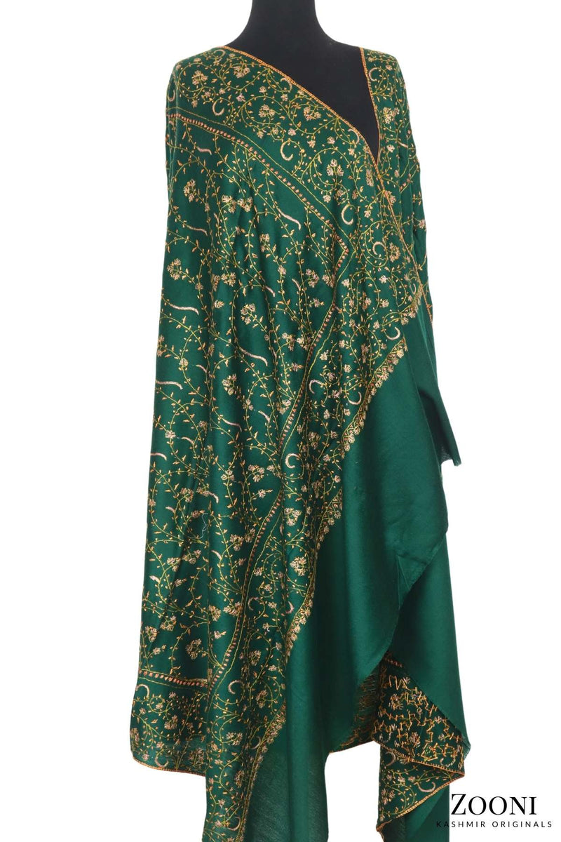 Hand Embroidered Kashmiri Jaali Shawl - Emerald Green - Zooni | Kashmir Originals