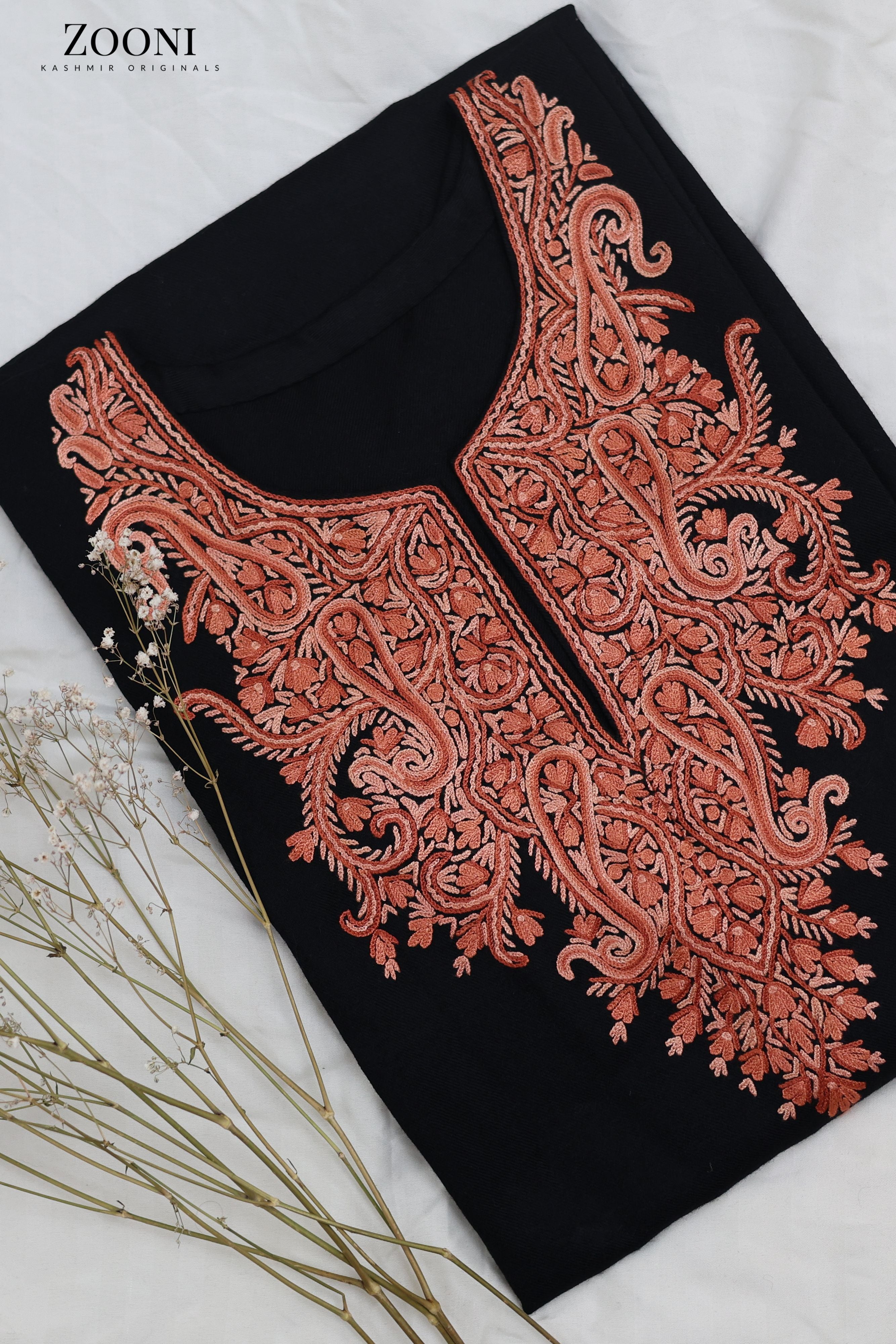 Pure Wool Hand Embroidered Kashmiri Pheran/Feran: Aari (Stitched) Black