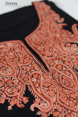 Pure Wool Hand Embroidered Kashmiri Pheran/Feran: Aari (Stitched) Black