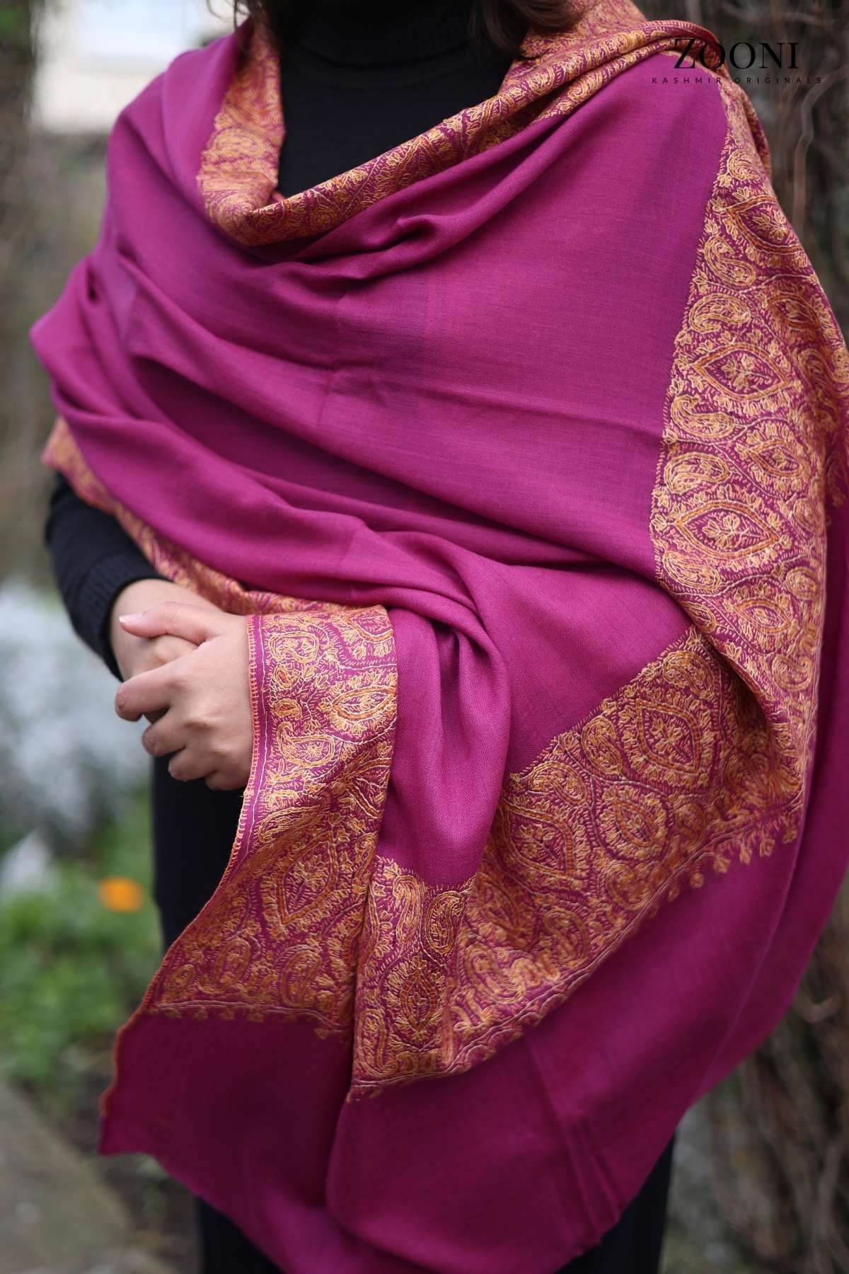 Hand Embroidered Kalam Doar Embroidery Shawl - Magenta Pink