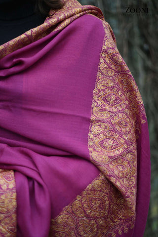 Hand Embroidered Kalam Doar Embroidery Shawl - Magenta Pink