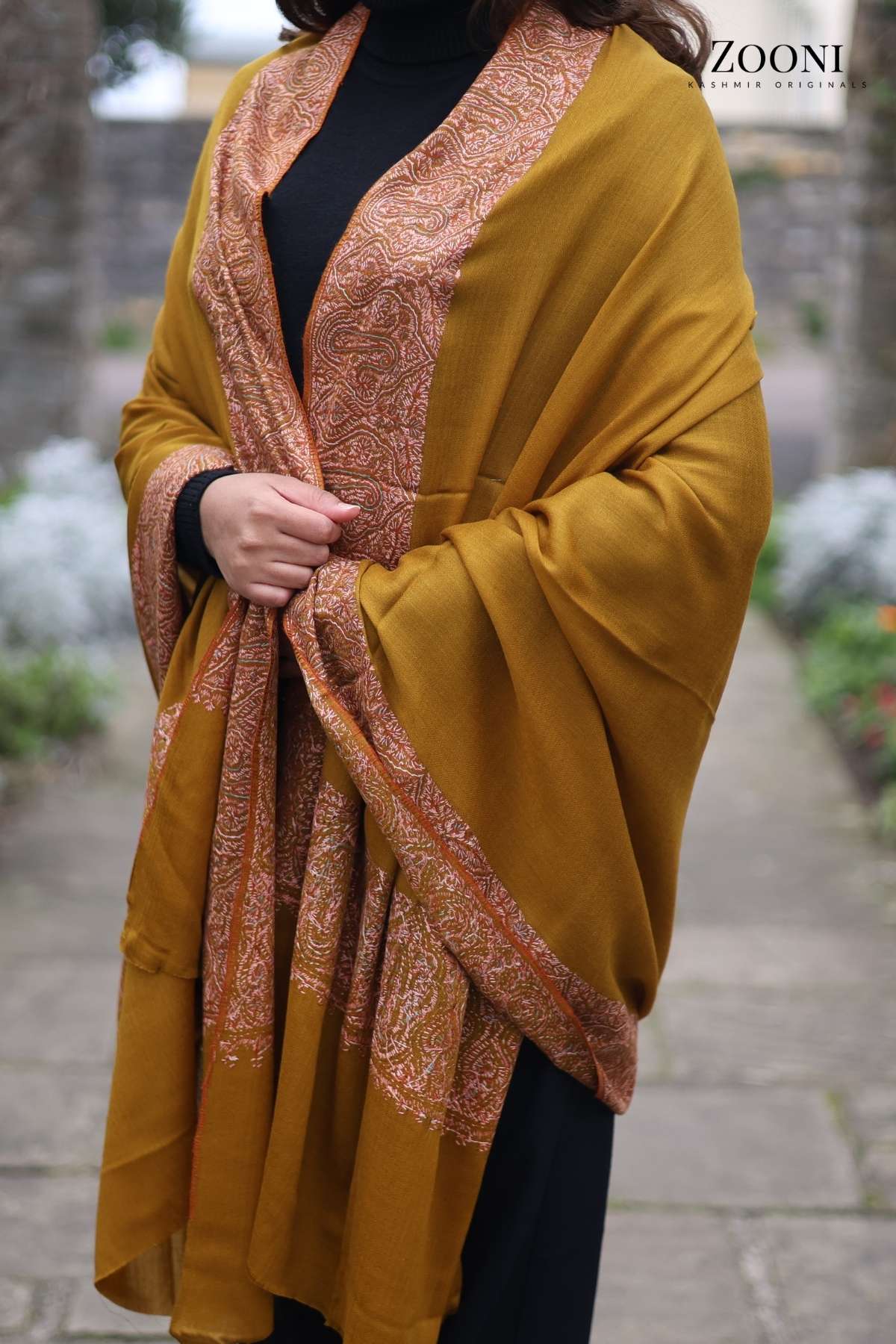 Hand Embroidered Kalam Doar Embroidery Shawl - Mustard