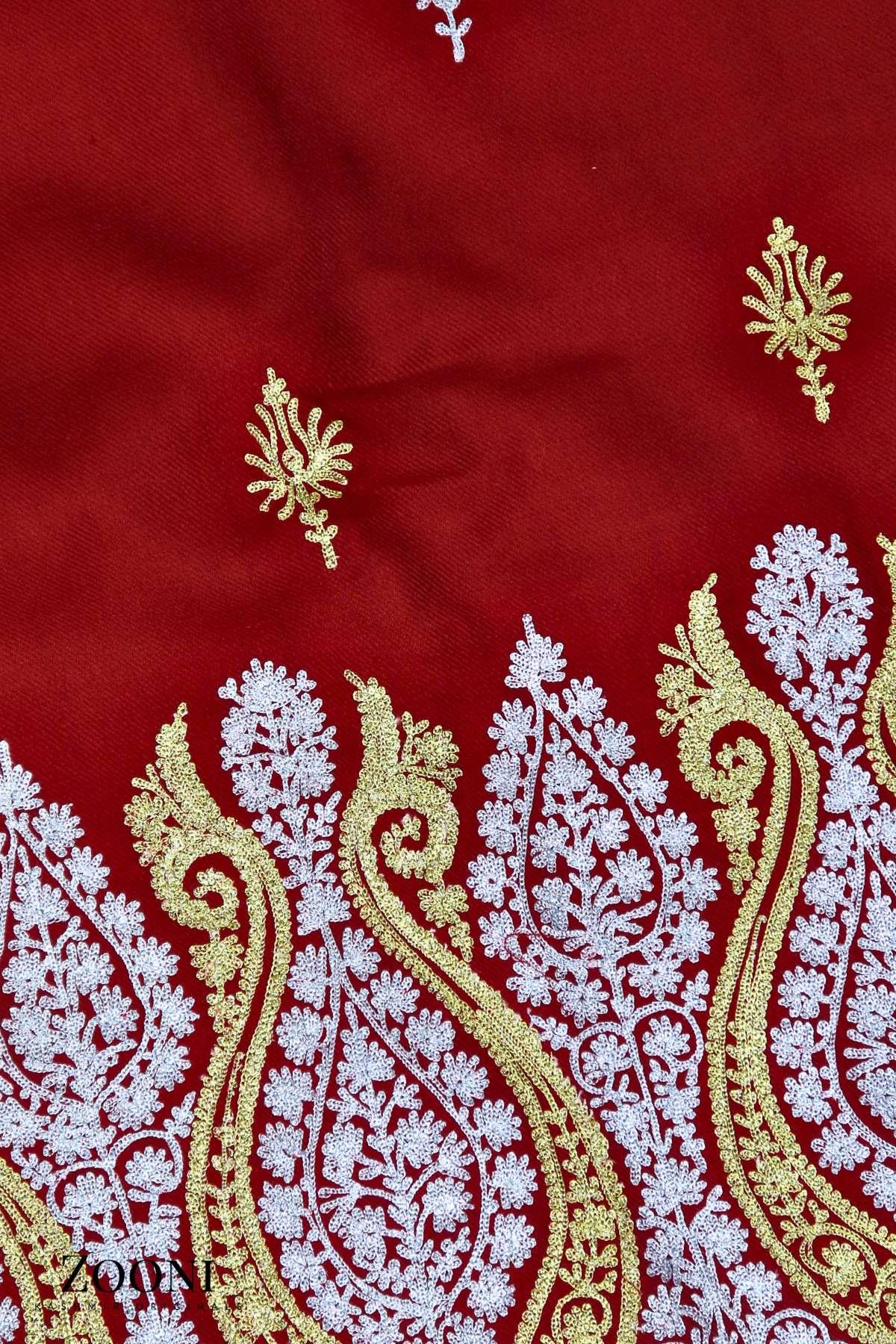 Luxury 3 Piece Tilla Embroidered Kashmiri Unstitched Winter Suit - Red - Zooni | Kashmir Originals