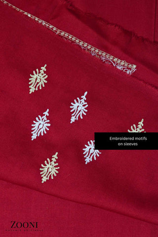 Luxury 3 Piece Tilla Embroidered Kashmiri Unstitched Winter Suit - Red - Zooni | Kashmir Originals