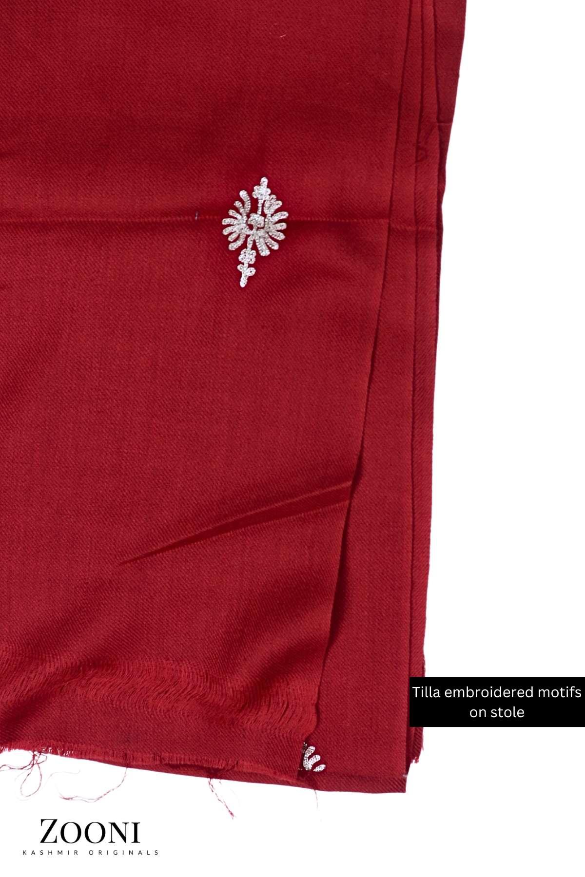 Luxury 3 Piece Tilla Embroidered Kashmiri Unstitched Winter Suit - Red - Zooni | Kashmir Originals