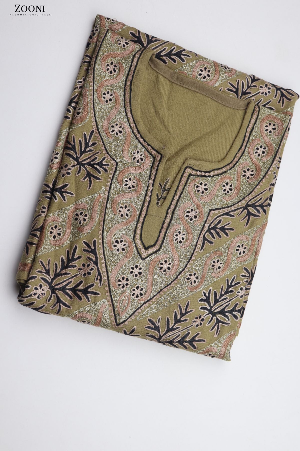 CLEARANCE: Pure Wool Embroidered Kashmiri Pheran/Feran: Aari (Stitched) - Avocado