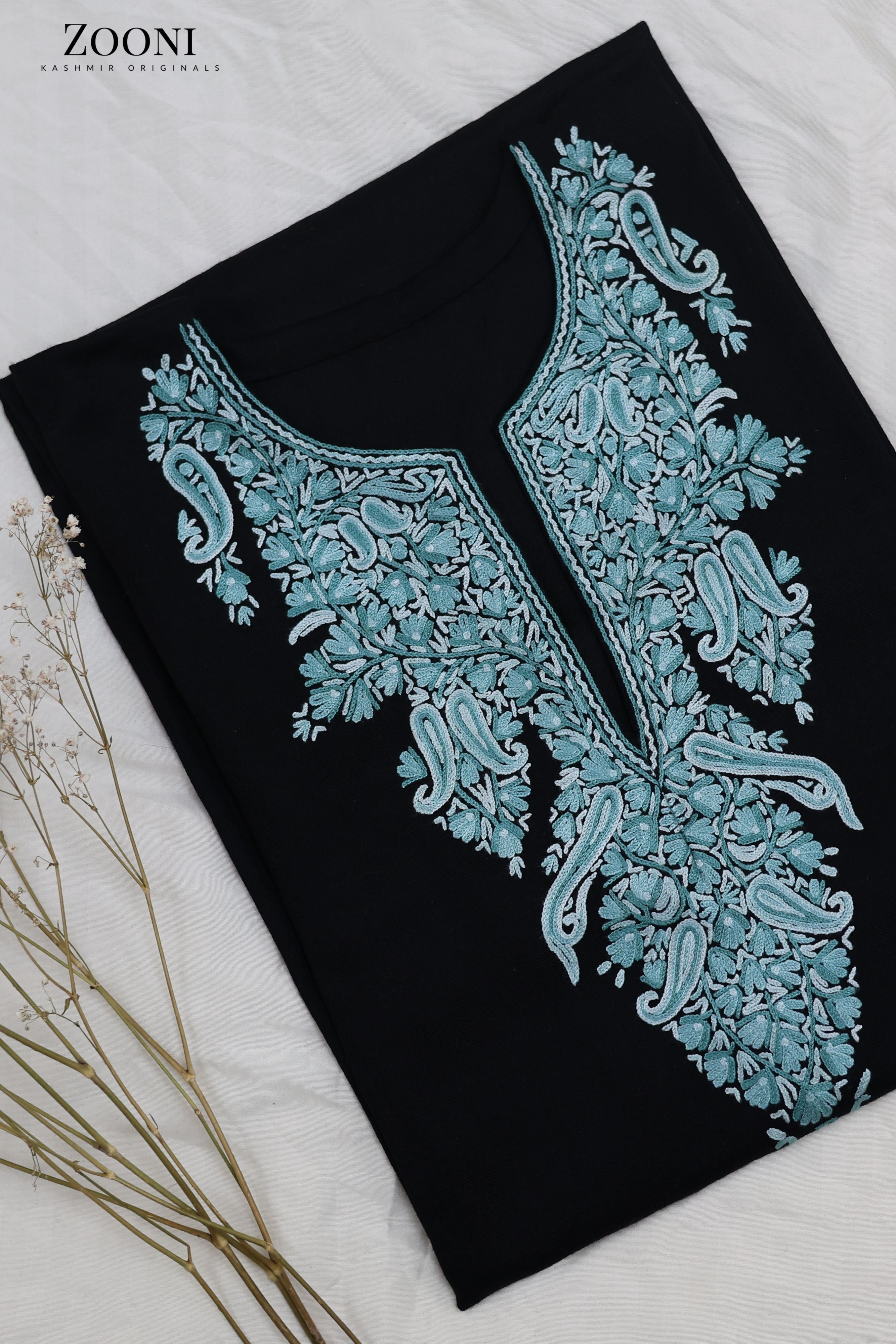 Pure Wool Hand Embroidered Kashmiri Pheran/Feran: Aari (Stitched) Black