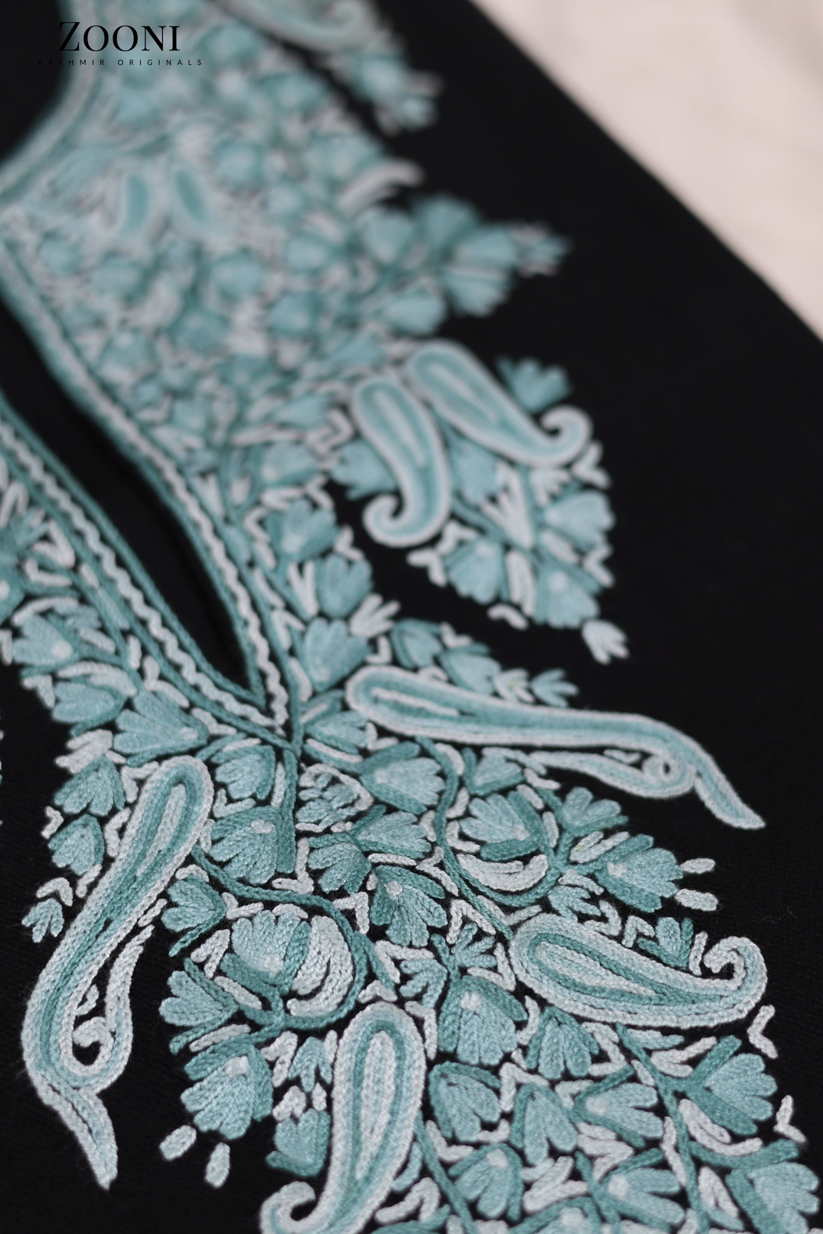 Pure Wool Hand Embroidered Kashmiri Pheran/Feran: Aari (Stitched) Black