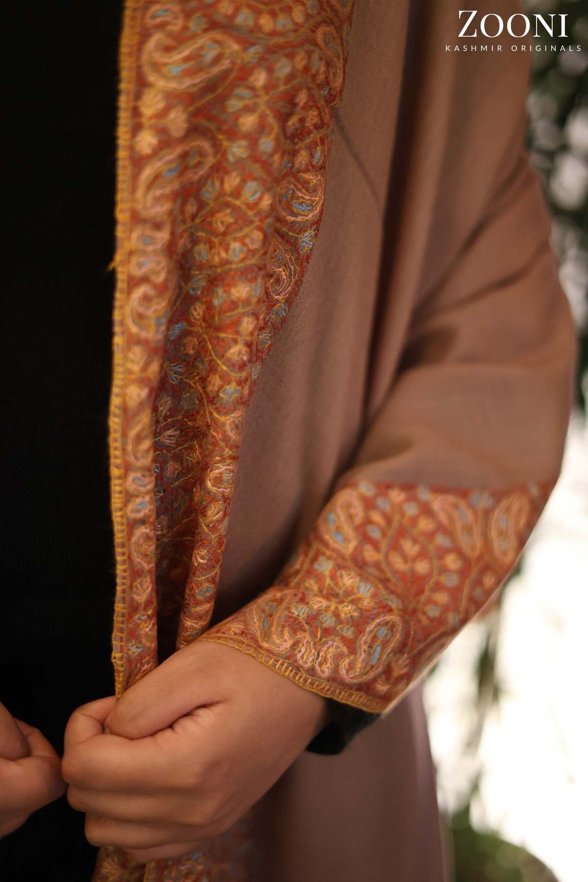 Hand Embroidered Kalam Doar Embroidery Shawl - Natural Brown