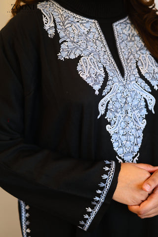 Pure Wool Hand Embroidered Kashmiri Pheran/Feran: Aari (Stitched) Black and Blue