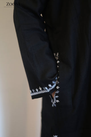 Pure Wool Hand Embroidered Kashmiri Pheran/Feran: Aari (Stitched) Black and Blue