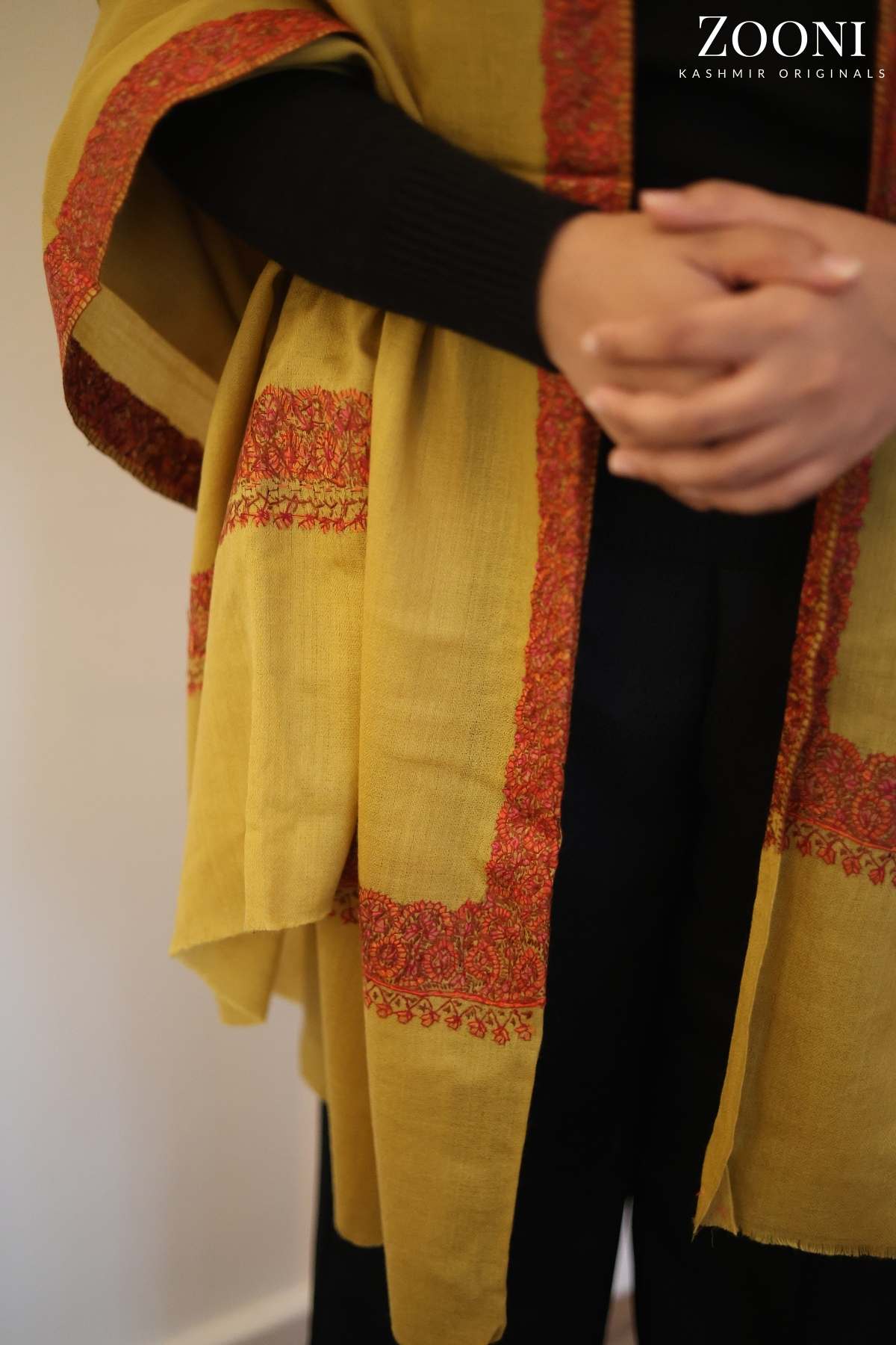 Hand Embroidered Kashmiri Neem Doar Shawl - Mustard