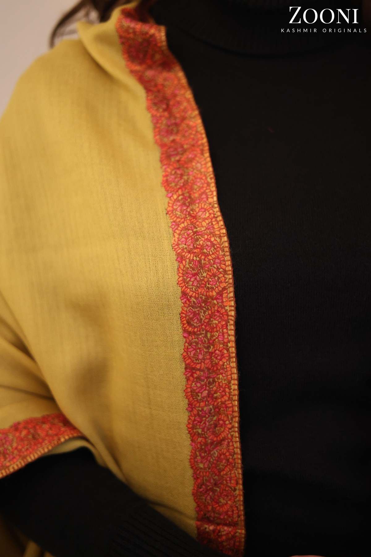 Hand Embroidered Kashmiri Neem Doar Shawl - Mustard