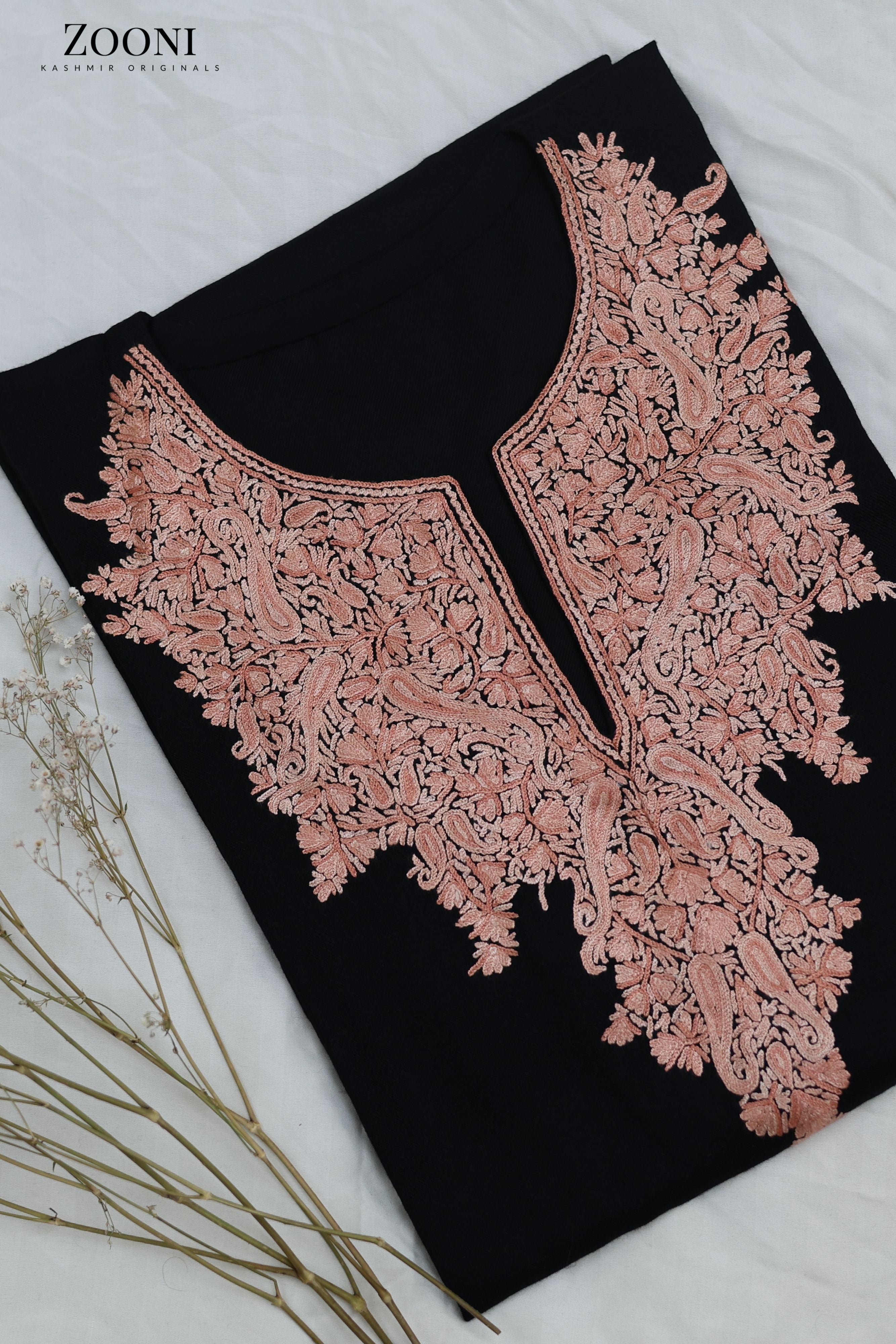 Pure Wool Hand Embroidered Kashmiri Pheran/Feran: Aari (Stitched) Black