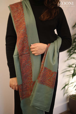 Hand Embroidered Kalam Doar Embroidery Shawl - Jade Green