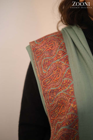 Hand Embroidered Kalam Doar Embroidery Shawl - Jade Green