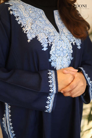 Pure Wool Hand Embroidered Kashmiri Pheran/Feran: Aari (Stitched) Navy