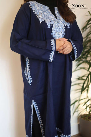 Pure Wool Hand Embroidered Kashmiri Pheran/Feran: Aari (Stitched) Navy