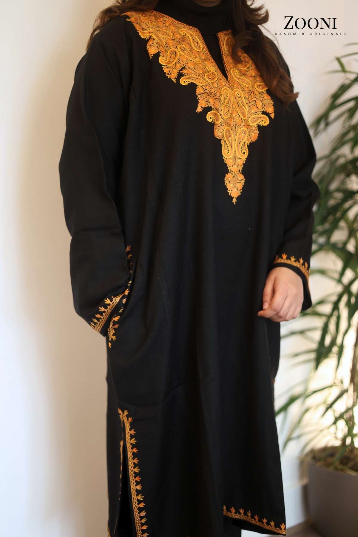 Pure Wool Hand Embroidered Kashmiri Pheran/Feran: Aari (Stitched) Black and Orange