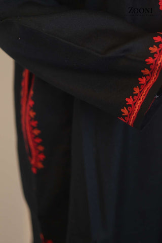 Pure Wool Hand Embroidered Kashmiri Pheran/Feran: Aari (Stitched) Black and Red