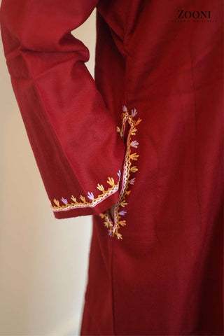 Pure Wool Hand Embroidered Kashmiri Pheran/Feran: Aari (Stitched) Mexican Red