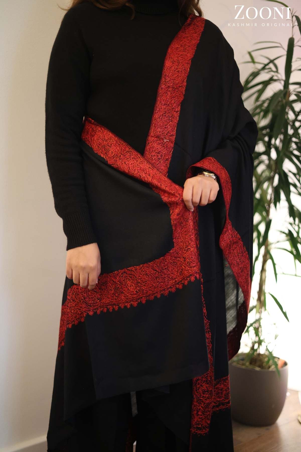 Hand Embroidered Doar Daar Embroidered Shawl - Black and Red