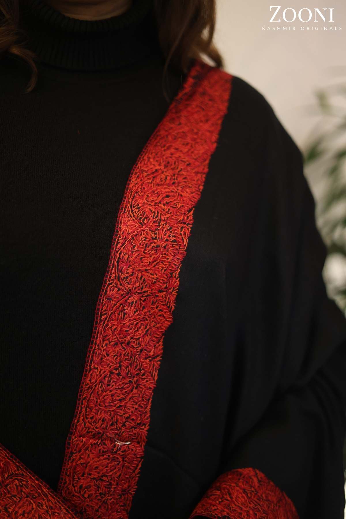 Hand Embroidered Doar Daar Embroidered Shawl - Black and Red