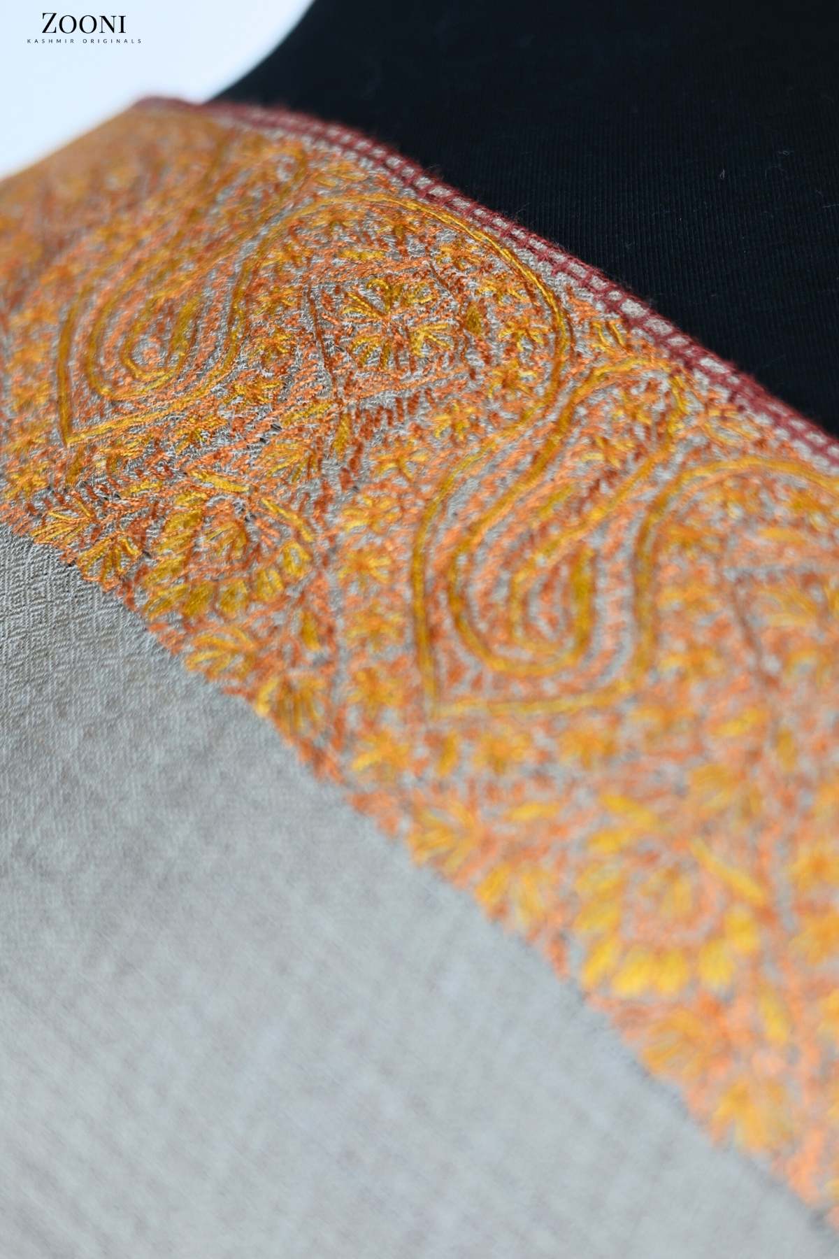 Hand Embroidered Kashmiri Kalamdoar Shawl - Gray Beige - Zooni | Kashmir Originals