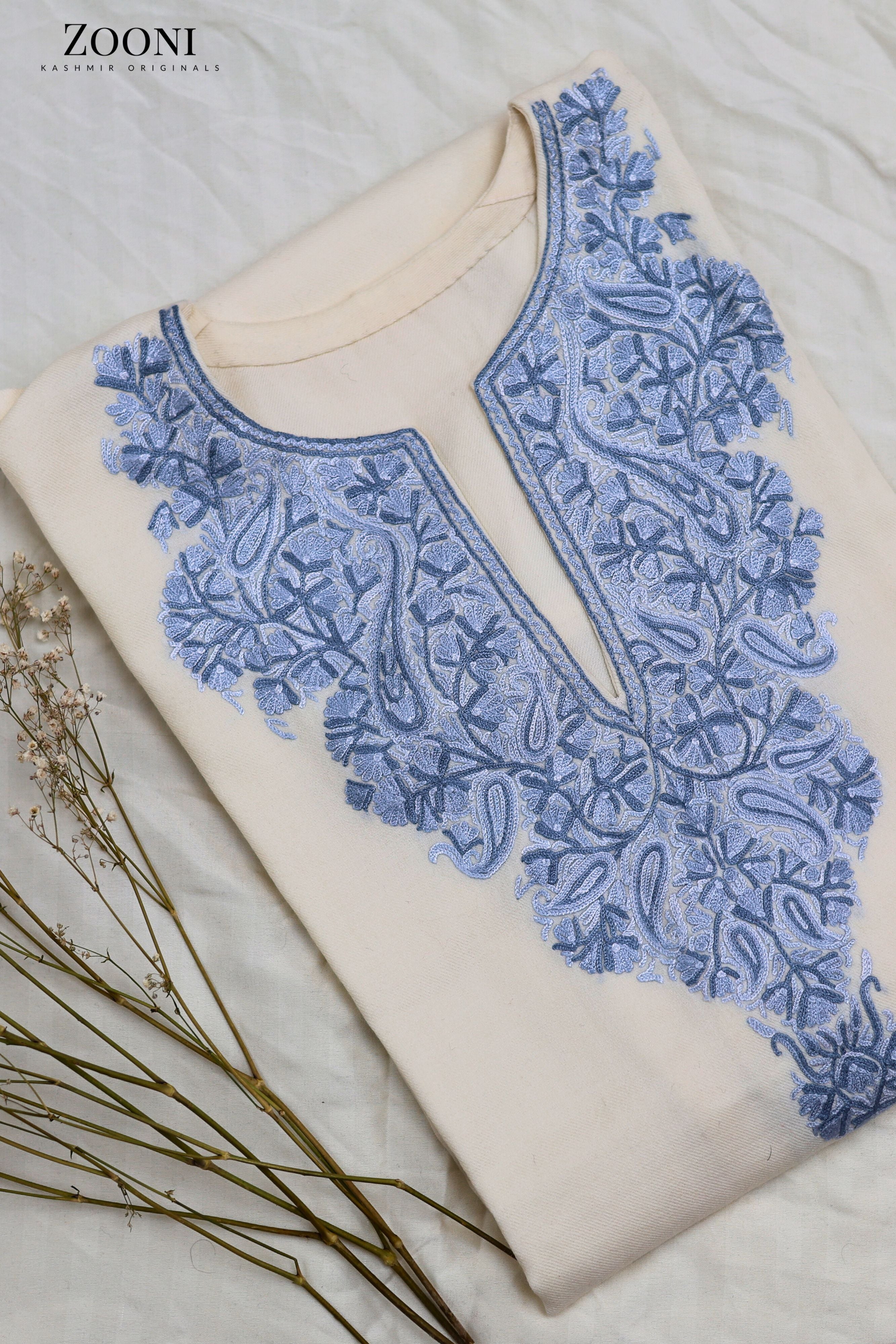 Pure Wool Hand Embroidered Kashmiri Pheran/Feran: Aari (Stitched) Off White