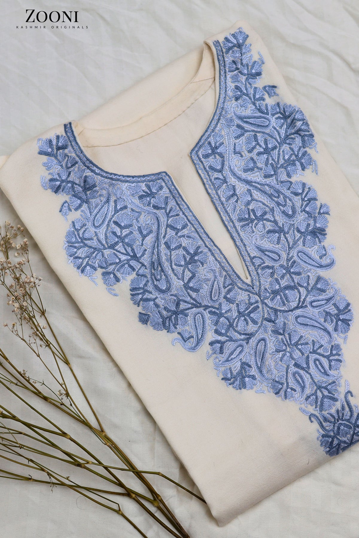Pure Wool Hand Embroidered Kashmiri Pheran/Feran: Aari (Stitched) Off White