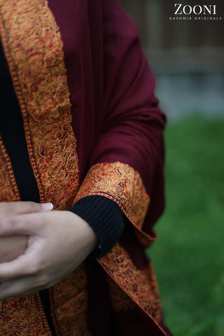 Hand Embroidered Doar Dar Embroidery Shawl - Deep Maroon