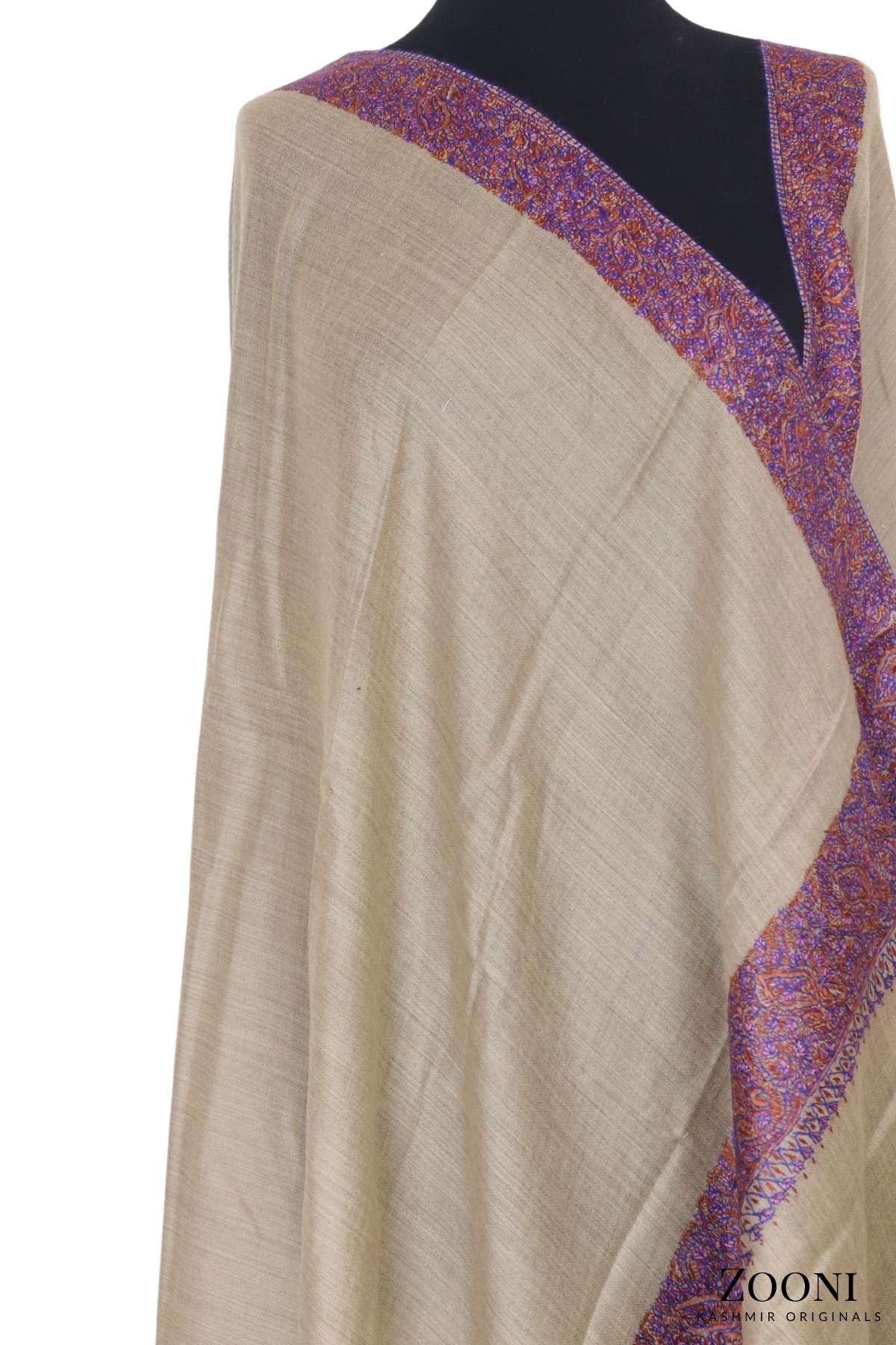 Hand Embroidered Kashmiri Doardar Shawl - Wheat and Purple - Zooni | Kashmir Originals