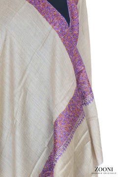 Hand Embroidered Kashmiri Doardar Shawl - Wheat and Purple - Zooni | Kashmir Originals