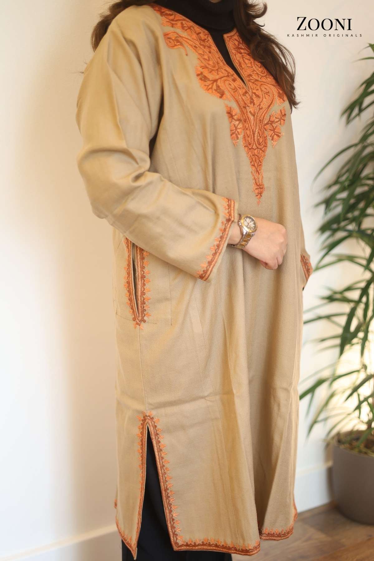 Pure Wool Hand Embroidered Kashmiri Pheran/Feran: Aari (Stitched) Beige