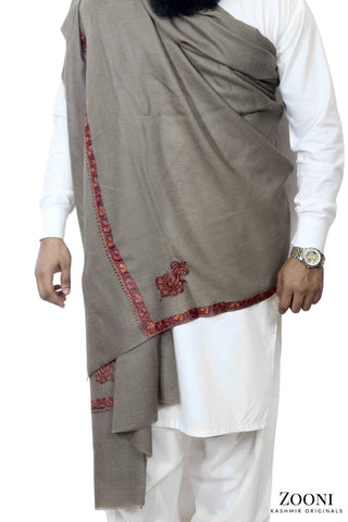 Luxury Woollen Men's Hand Embroidered Hashidar Shawl - Grey