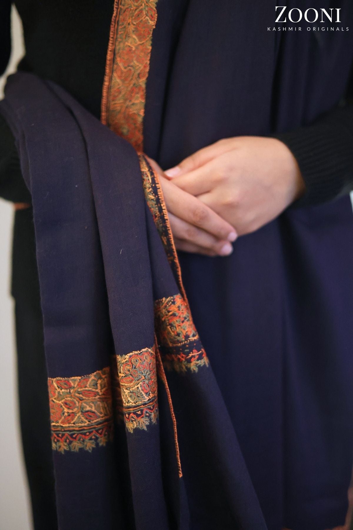 Hand Embroidered Neem Doar Embroidery Shawl - Navy Blue