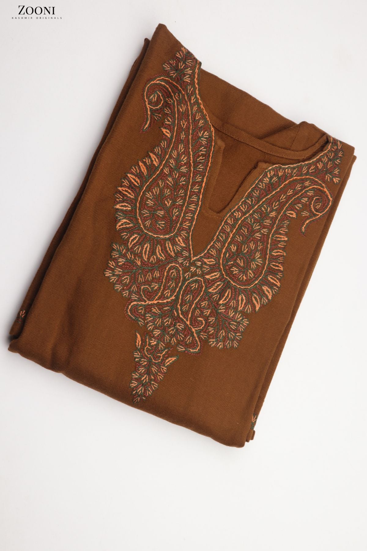 CLEARANCE: Pure Wool Hand Embroidered Kashmiri Pheran/Feran: Sozni (Stitched) - Irish Coffee