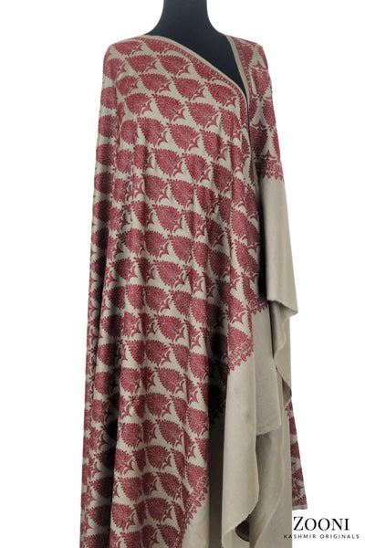 CLEARANCE: Superfine Merino Wool Jaal Embroidered Shawl - Turkish Rose and Brown - Zooni | Kashmir Originals