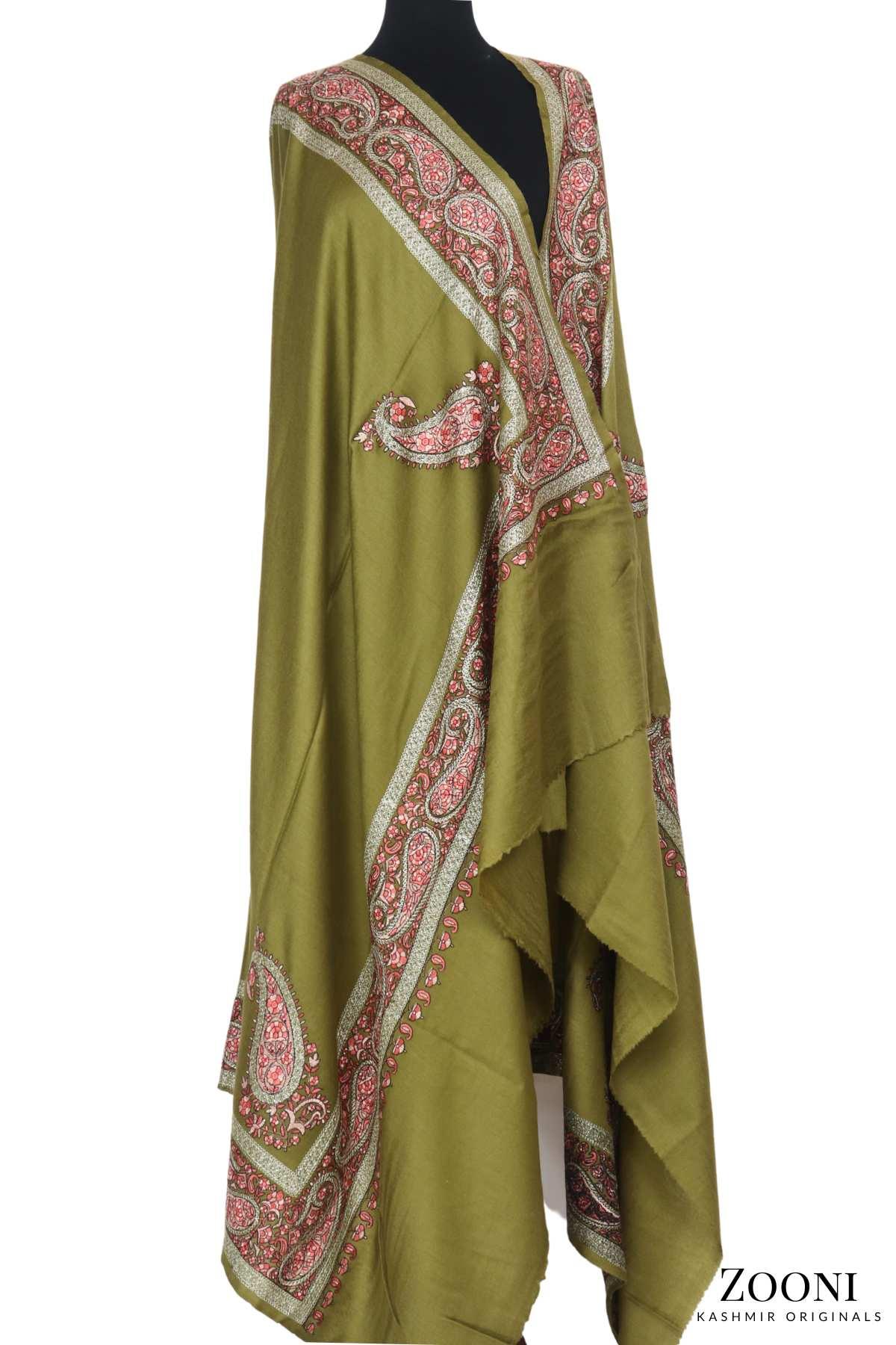 CLEARANCE: Zarri Tilla Doar Embroidered Merino Wool Shawl - Mehndi - Zooni | Kashmir Originals