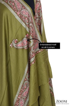 CLEARANCE: Zarri Tilla Doar Embroidered Merino Wool Shawl - Mehndi - Zooni | Kashmir Originals