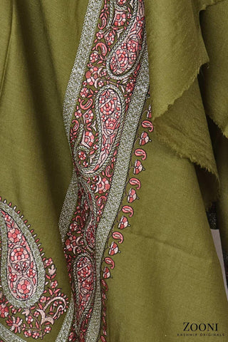 CLEARANCE: Zarri Tilla Doar Embroidered Merino Wool Shawl - Mehndi - Zooni | Kashmir Originals