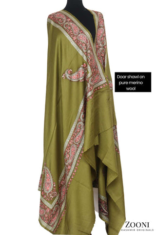 CLEARANCE: Zarri Tilla Doar Embroidered Merino Wool Shawl - Mehndi - Zooni | Kashmir Originals