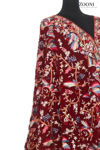 Embroidered Dupatta (Parsi Gara) - Maroon - Zooni | Kashmir Originals