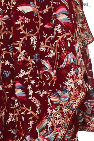 Embroidered Dupatta (Parsi Gara) - Maroon - Zooni | Kashmir Originals